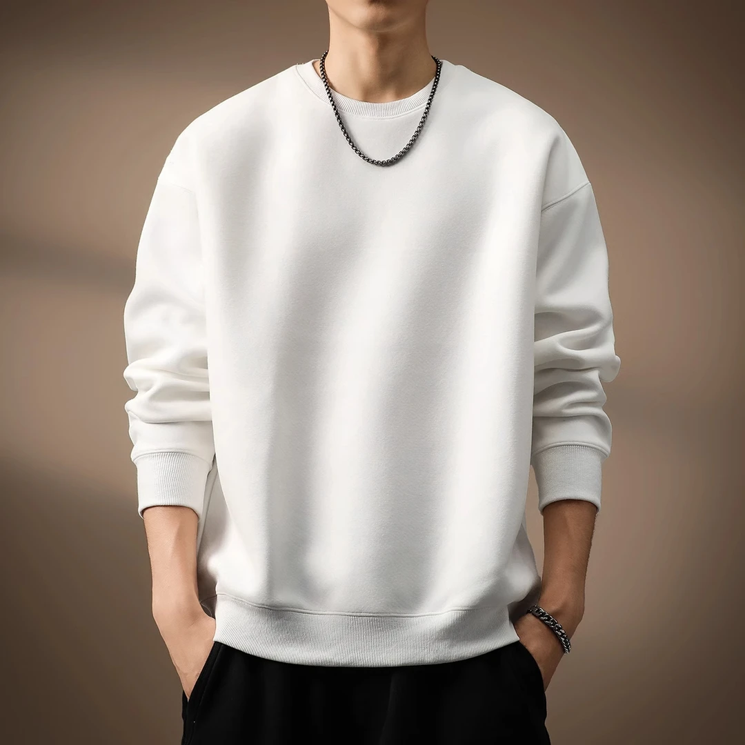 Cebrodz纯色基础款重磅卫衣男春季宽松圆领长袖T恤内搭打底衫白色