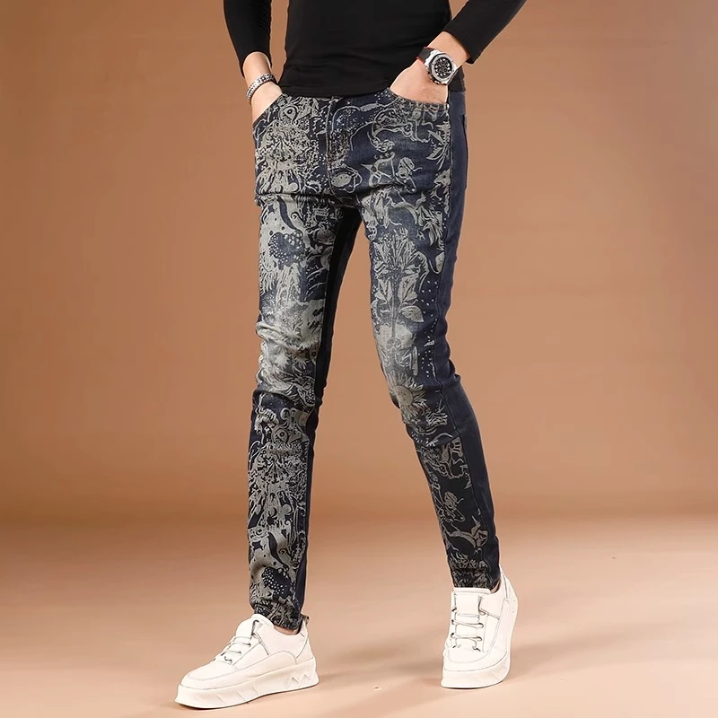 cebrodz高端印花牛仔裤男潮流时尚修身小脚弹力男士长裤秋季新款