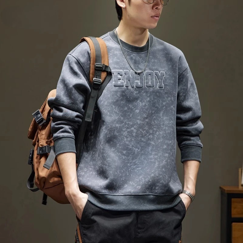 美式复古做旧重磅圆领卫衣男士秋季新款宽松潮牌字母立体压花上衣