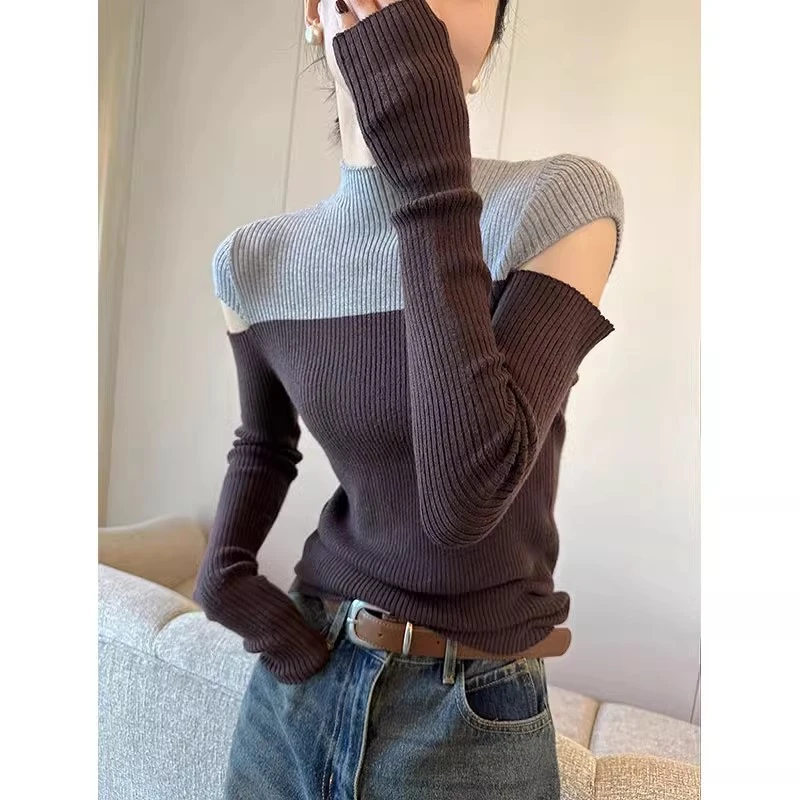 拼色半高领露肩针织衫女秋冬季2025新款设计感小众毛衣打底衫内搭