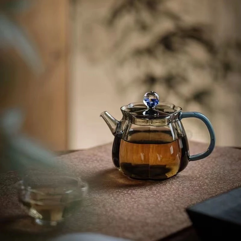 梅花玻璃泡茶壶手工过滤纯手工耐热锤纹木把透明家用茶道日常中式