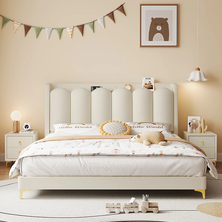 奶油风发光琴键软包床儿童床女孩公主床男孩卧室1米5硅胶真皮床