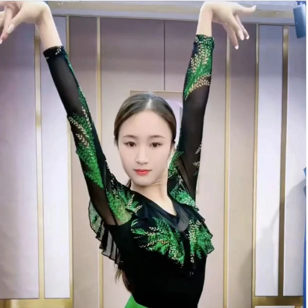 吉特巴广场舞摩登三步踩交谊舞显瘦荷叶边显瘦夏修身舞蹈服A0457