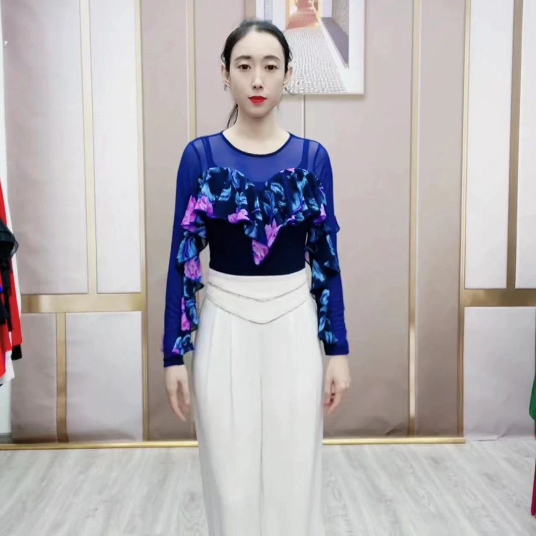 欢舞阁气质女士荷叶边摩登双人舞交际舞广场舞时尚长袖舞衣A0487