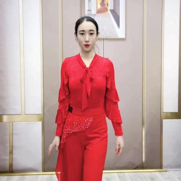 欢舞阁摩登双人舞绑带荷叶边女上衣交际舞广场舞长袖上衣A0481