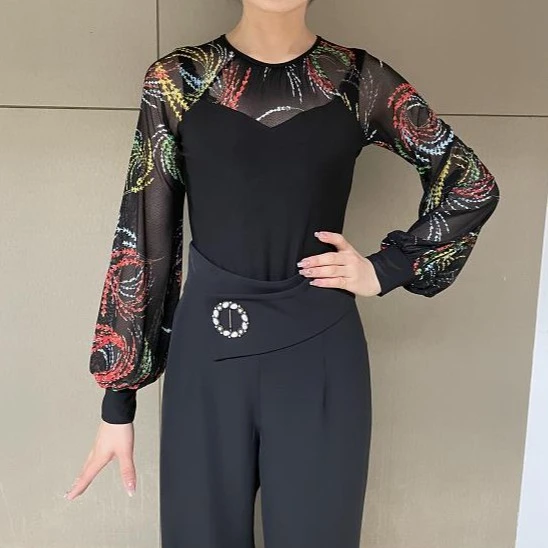 交谊舞摩登吉特巴广场舞三步踩吉特巴舞衣荷叶边长袖舞蹈服A0372