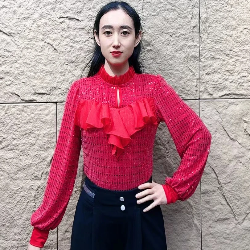 欢舞阁吉特巴摩登舞气质女士镂空交际舞广场舞亮片长袖舞衣A0506