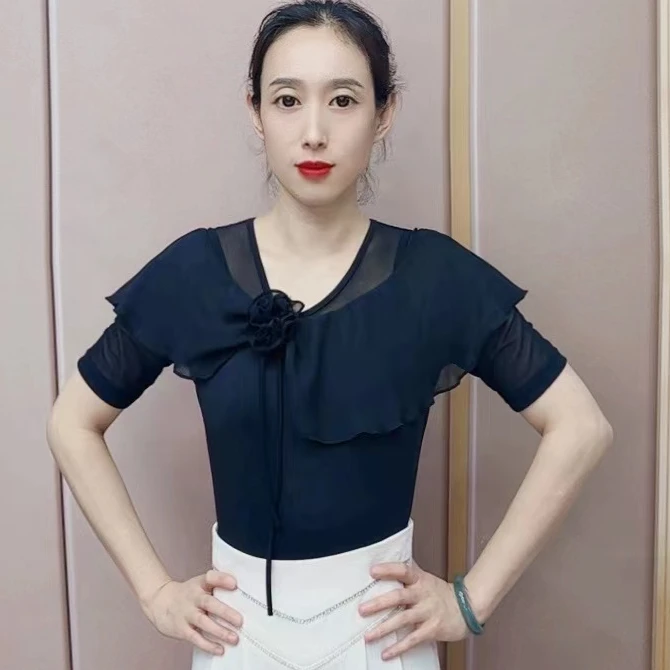 欢舞阁广场舞摩登舞服吉特巴气质女士玫瑰花短袖上衣A0581