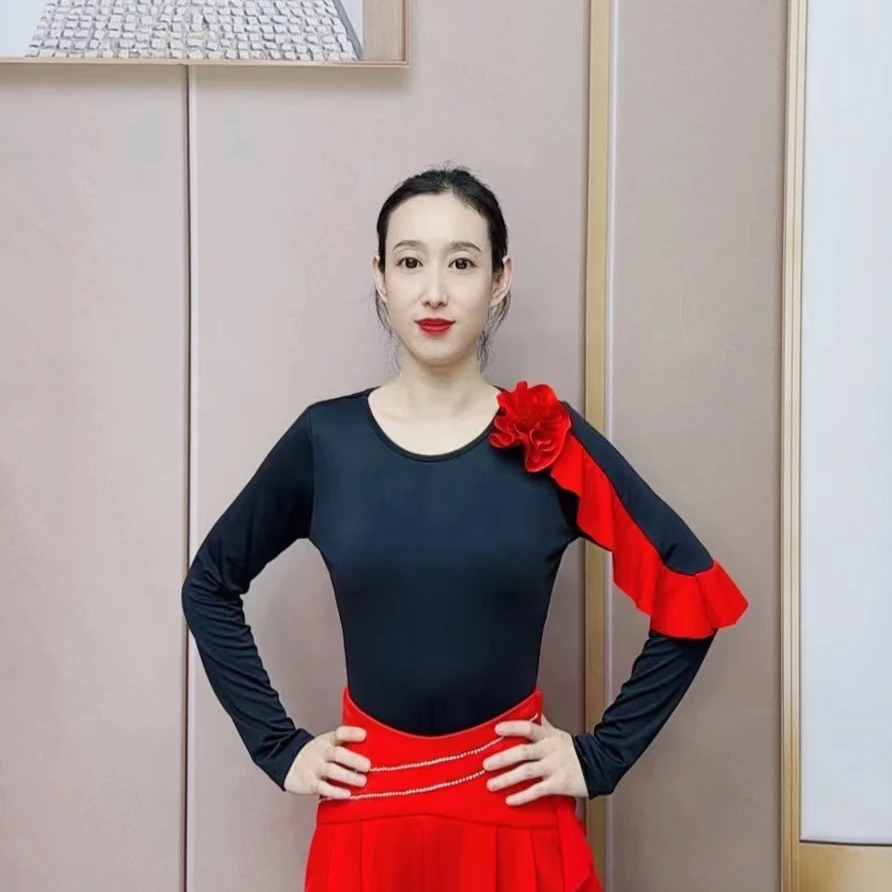 欢舞阁气质女士圆领摩登吉特巴广场舞时尚单边花长袖舞衣A0612