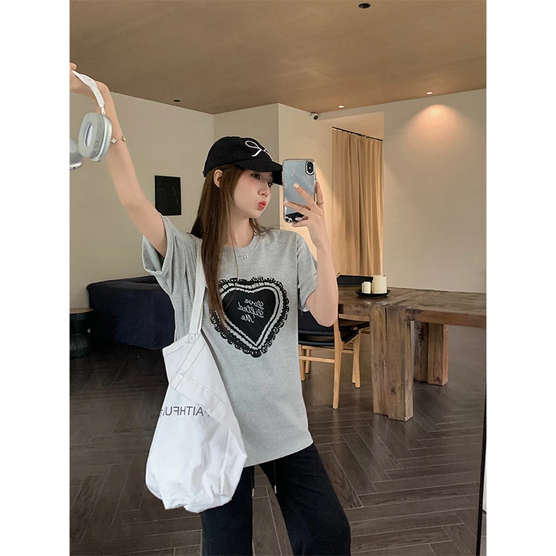 【孤品捡漏直接拍】乌77慵懒风爱心印花圆领短袖T恤女超穿宽松显瘦