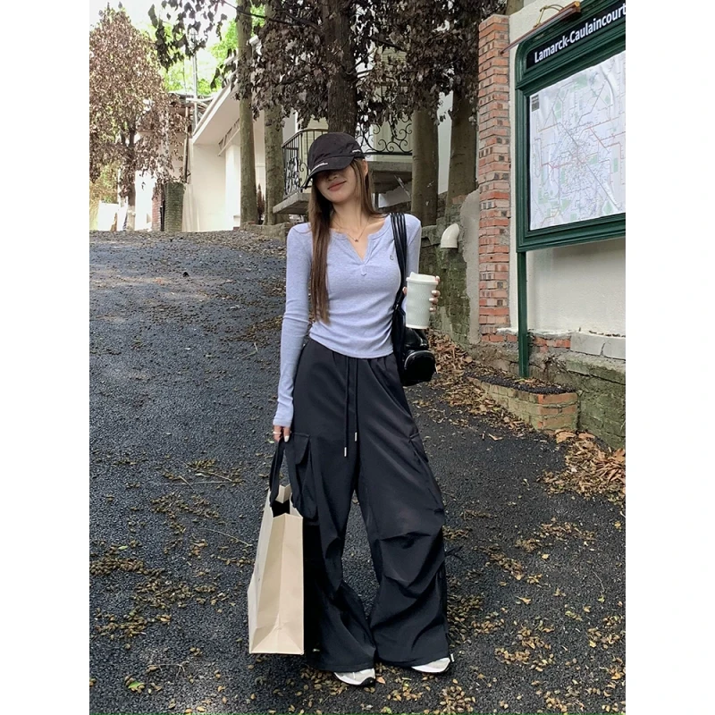 【年终回馈】乌77美式街头杏色多口袋工装裤女高腰宽松休闲阔腿裤