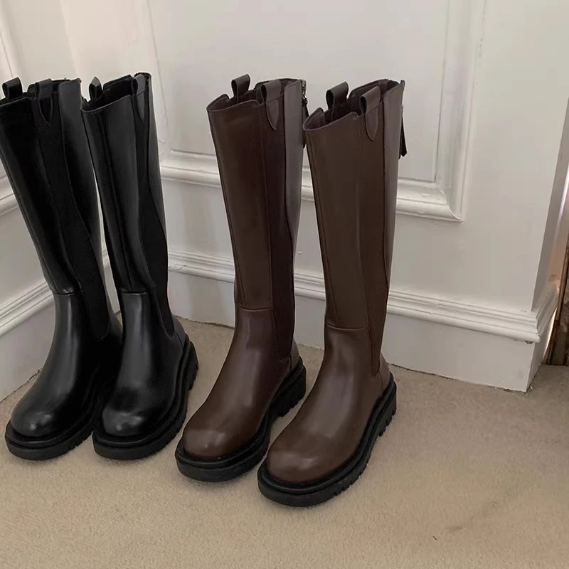 乌77气质棕色pu厚底骑士靴女韩系后拉链弹力显瘦小个子直筒高筒靴