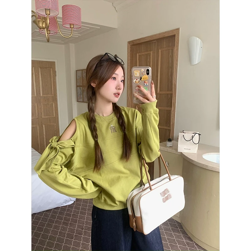 【年终回馈】乌77字母刺绣拼接圆领长袖卫衣女系带设计感休闲上衣