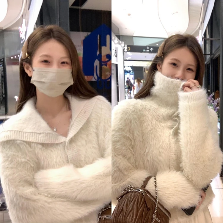 乌77软糯仿水貂毛大翻领毛衣女冬慵懒风显瘦小个子短款针织开衫新