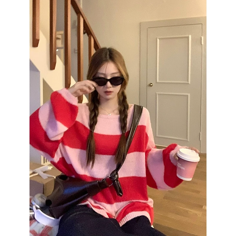 【年终回馈】乌77慵懒风撞色条纹圆领毛衣女韩系宽松百搭针织上衣