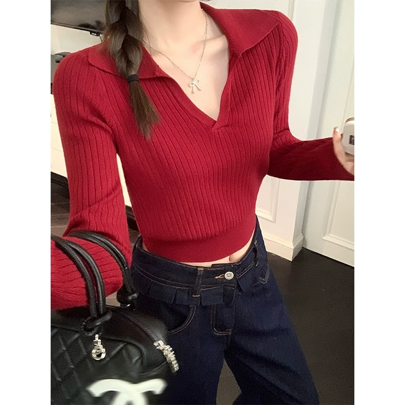 【年终回馈】乌77格雷系竖坑条Polo领针织衫女百搭显瘦内搭V领毛衣