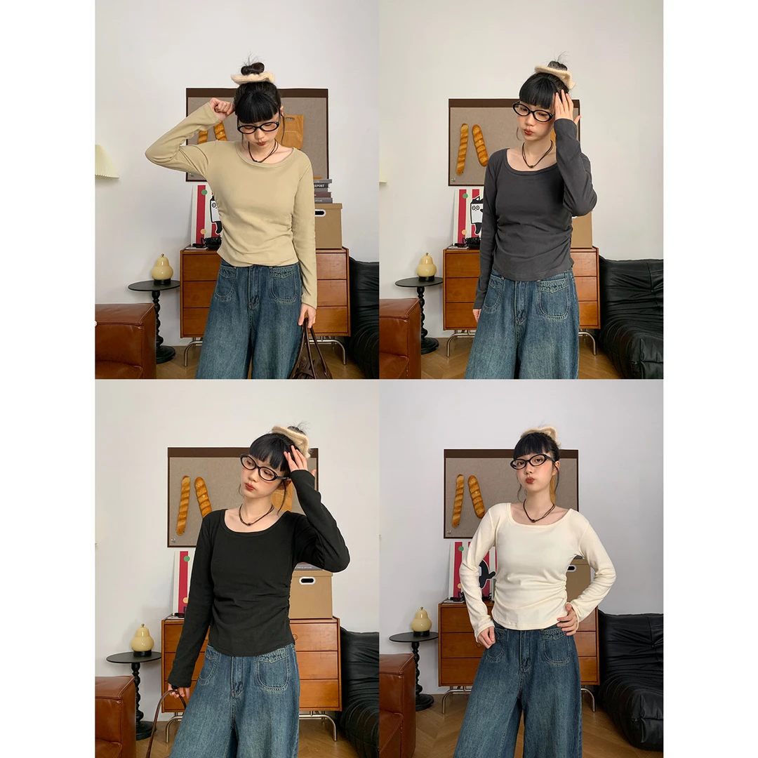 小众褶皱修身T恤打底衫春秋U领磨毛内搭显瘦藏肉德绒上衣长袖765