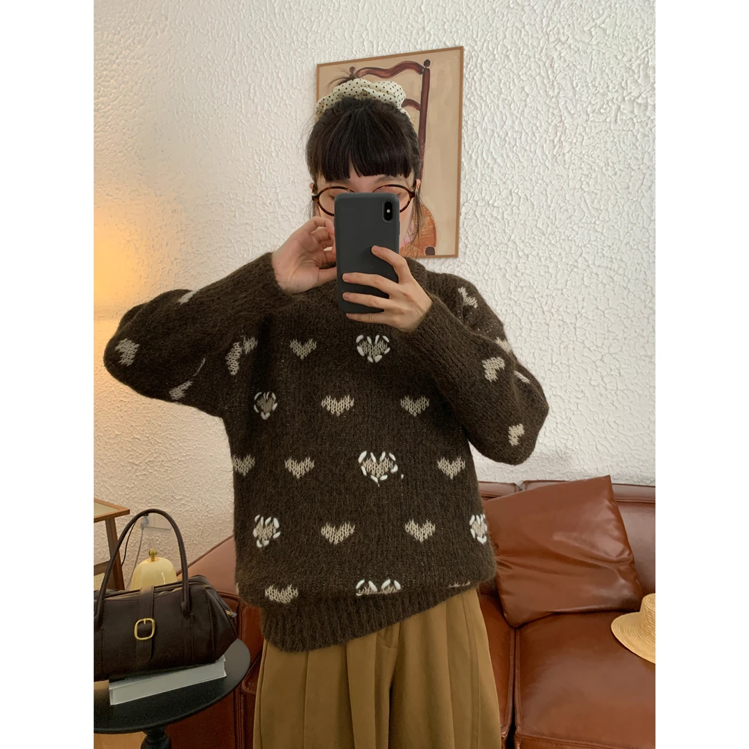 小众设计感爱心刺绣针织衫春秋复古慵懒宽松加厚套头毛衣71540296