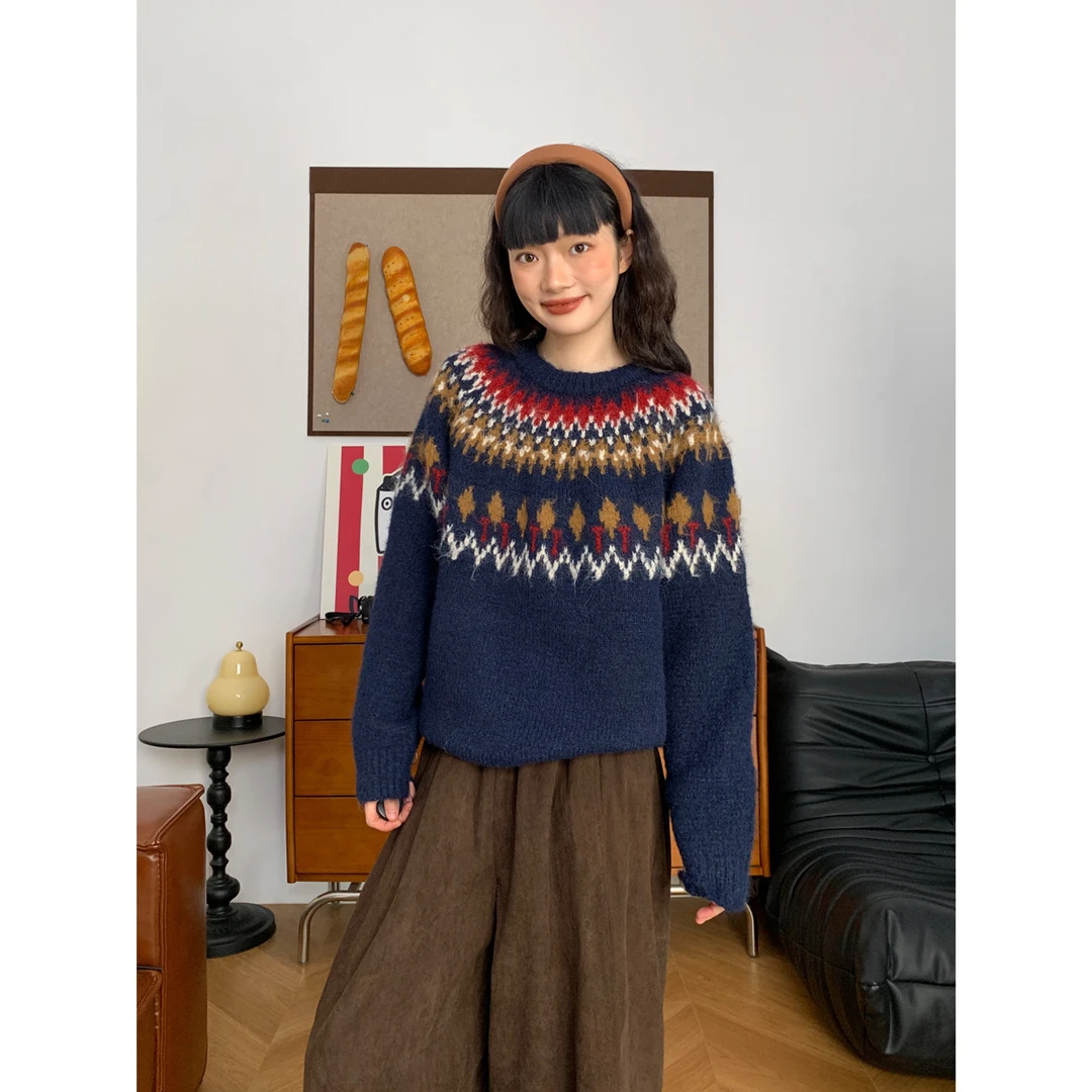 慵懒风羊毛费尔岛毛衣女圣诞氛围感宽松百搭提花圆领套头针织衫潮