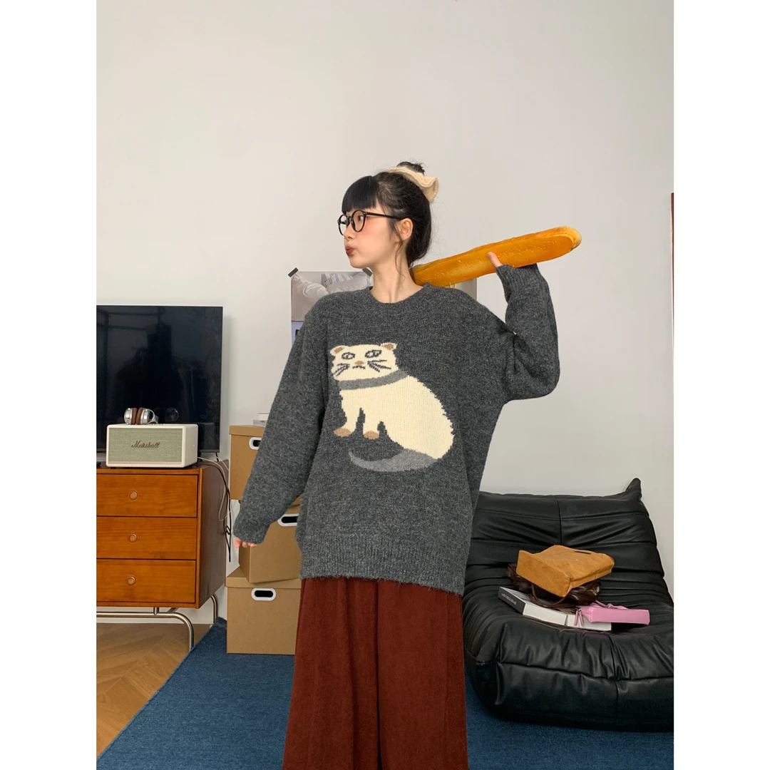 可爱猫咪提花毛衣女韩版春秋新款百搭软糯圆领针织衫套头77553289