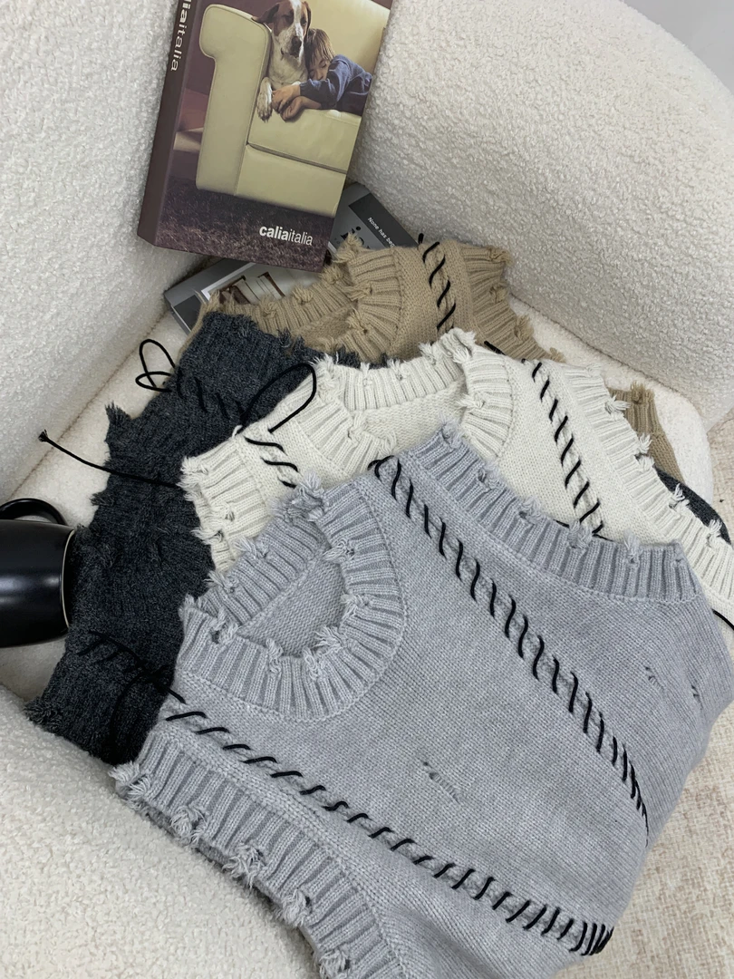 手工穿绳针织马甲不规则破洞设计感小众慵懒宽松毛衣背心99839033