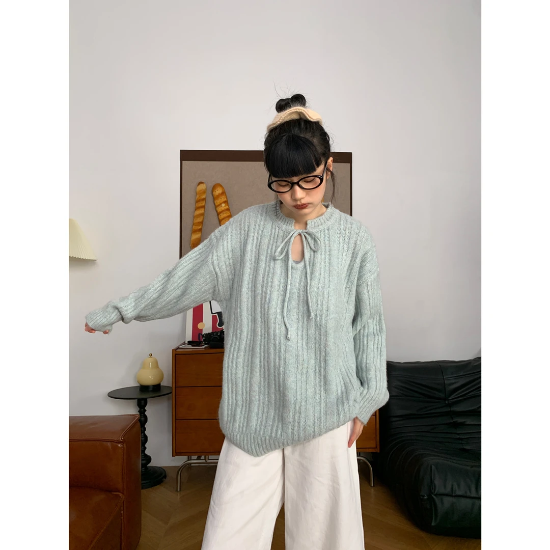 韩系复古简约绑带毛衣女春秋新款慵懒氛围感坑条针织衫套头上衣潮