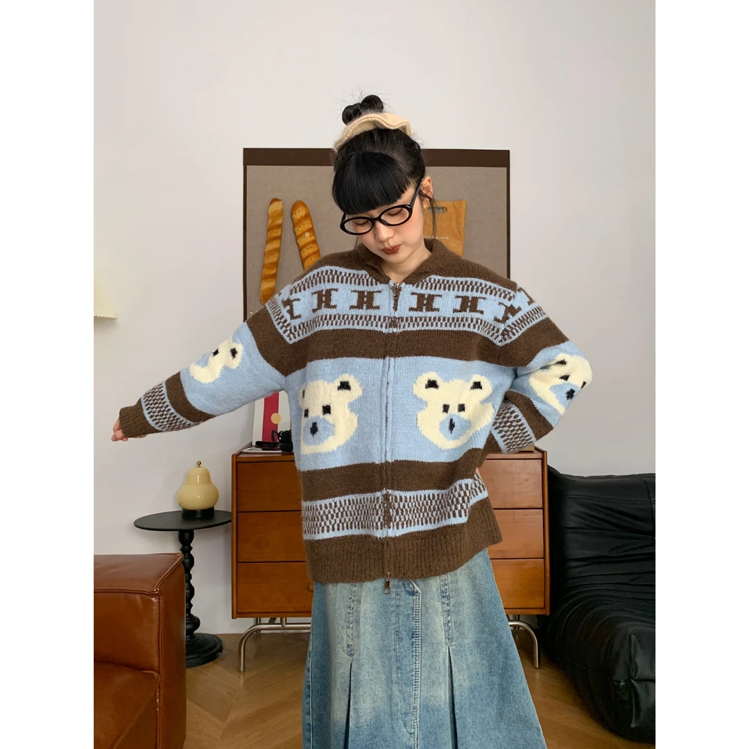 软糯卡通提花翻领拉链针织开衫女韩版慵懒复古宽松百搭毛衣外套潮