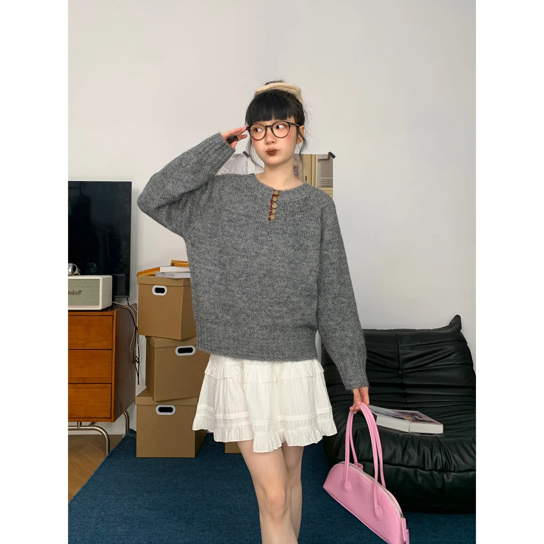 韩系小众休闲气质套头针织衫女春秋宽松减龄慵懒百搭毛衣83843279