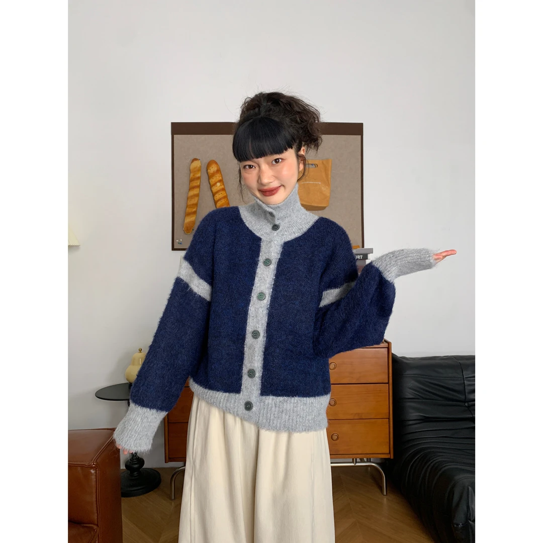 韩系简约拼色羊毛毛衣开衫女秋冬新款复古百搭显瘦长袖毛衣外套潮