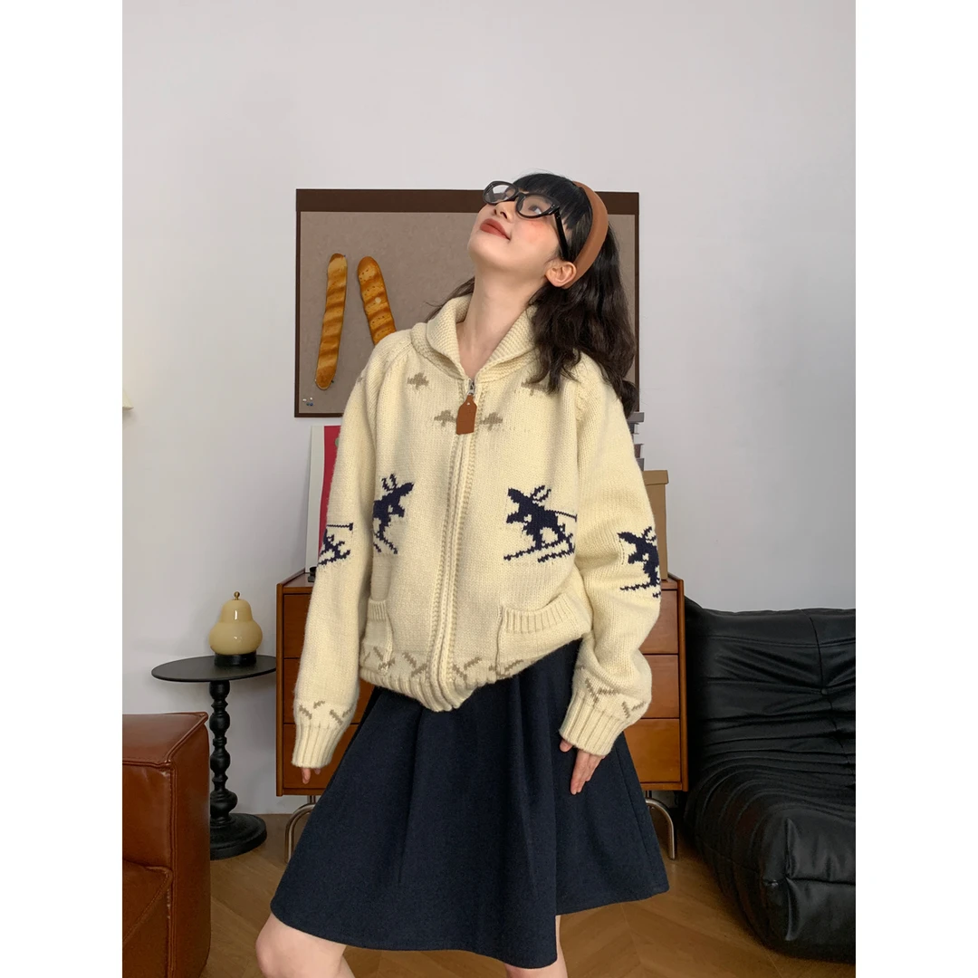 北欧复古滑雪提花加厚毛衣秋冬新款韩系宽松百搭拉链针织开衫外套