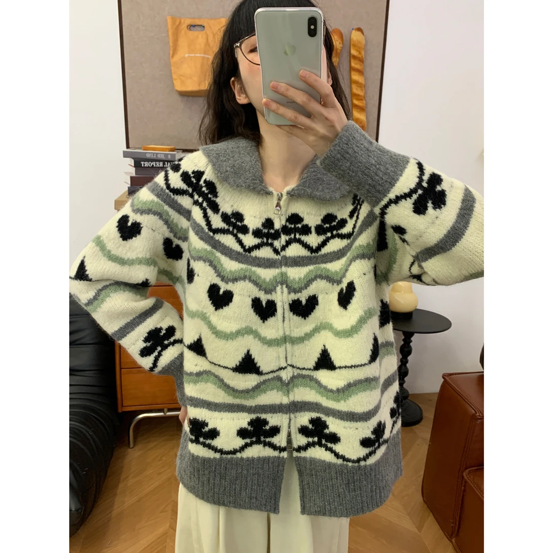 复古撞色羊毛加厚翻领毛衣女秋冬韩版百搭显瘦针织拉链开衫外套潮