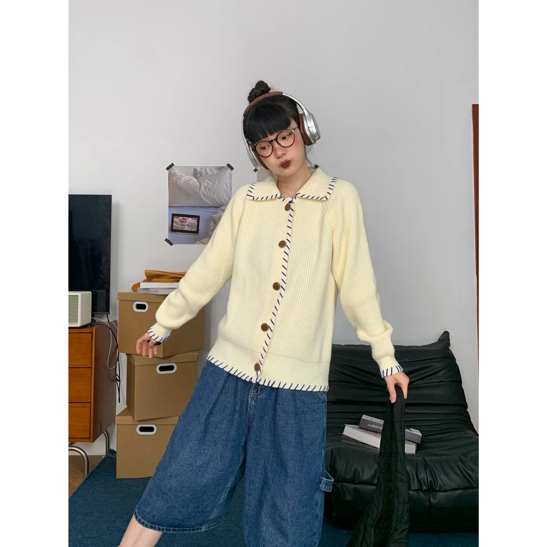 设计感手工撞色毛衣女韩版秋冬宽松软糯百搭显瘦针织开衫83639269