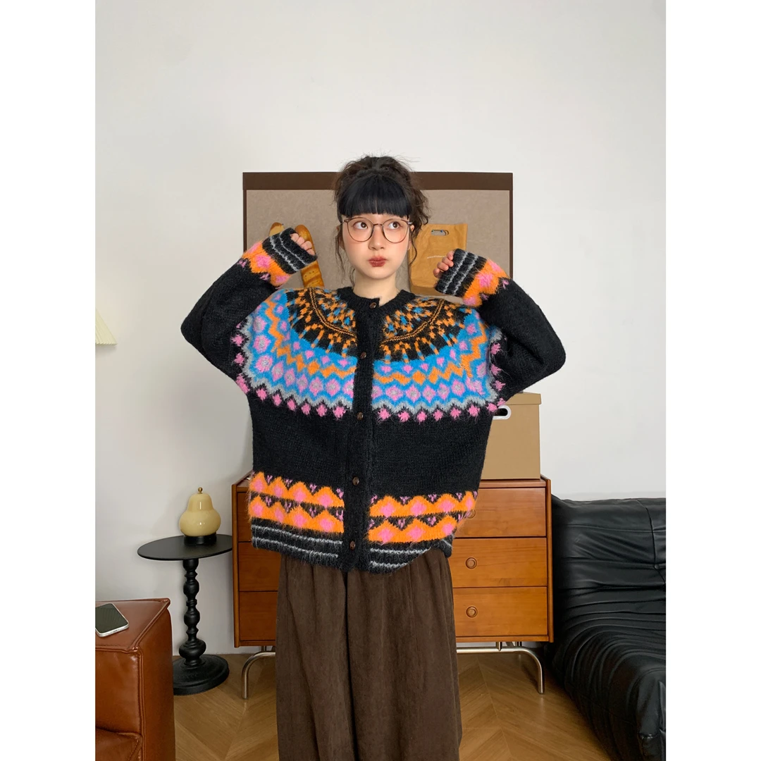 复古费尔岛加厚撞色毛衣外套女韩版秋冬新款宽松百搭显瘦针织开衫