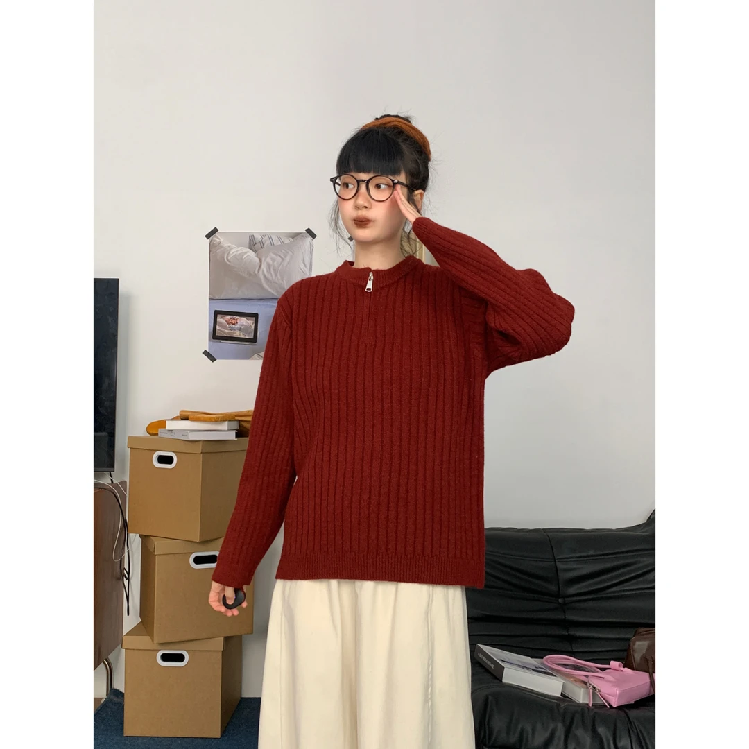 小众高级感拉链半开领毛衣女春秋复古简约坑条慵懒风毛衣73234295