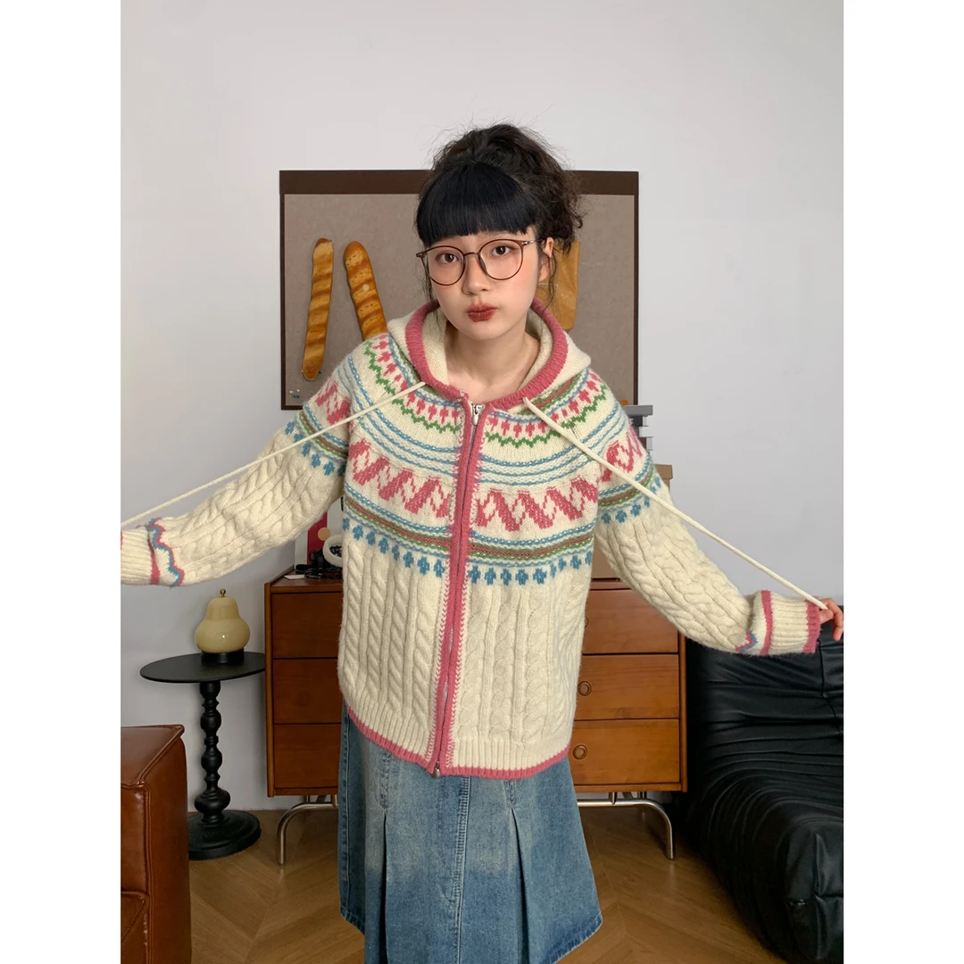 甜美显白加厚连帽毛衣外套韩版春秋新款宽松百搭显瘦拉链针织开衫