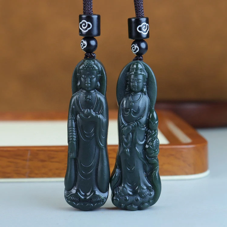 新疆和田玉青玉塔青一细料站立释迦摩尼佛阿弥陀佛菩萨挂件吊坠