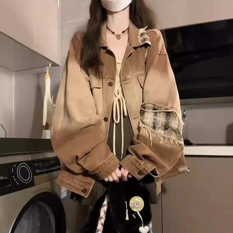 复古高街牛仔外套女2024新款早秋季美式慵懒chic工装夹克宽松上衣