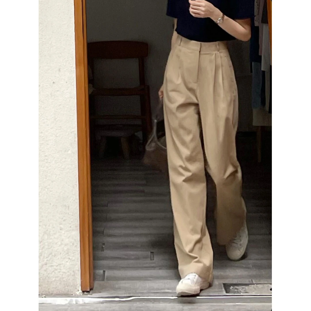 卡其色高腰西装休闲裤女2024春秋新款宽松百搭显瘦直筒阔腿长裤子