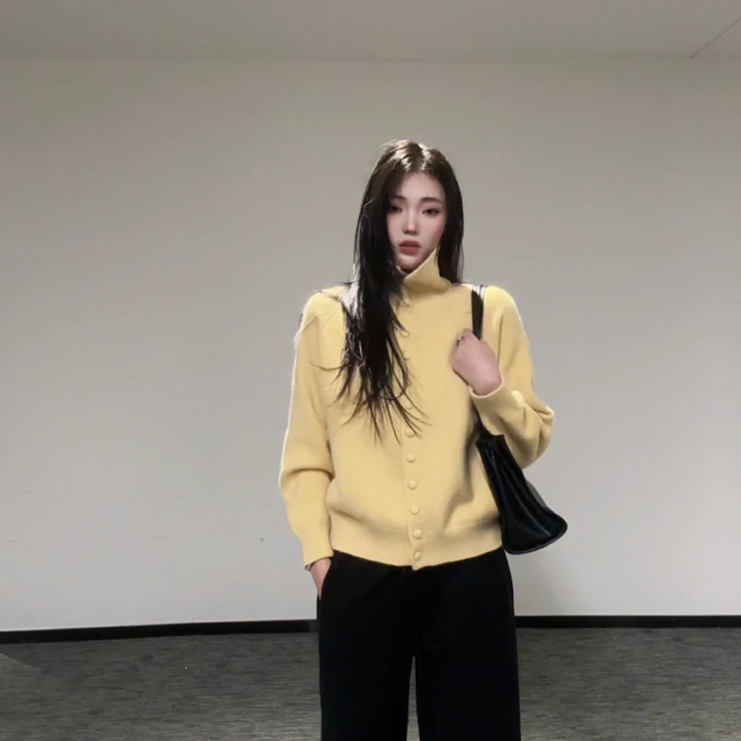 冬季韩系宽松遮肉显瘦软糯翻领针织毛衣开衫