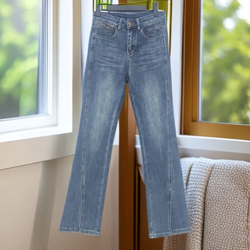 二师兄牛仔早秋新款显瘦微喇女神裤前开叉时尚百搭薄款32555款5-F