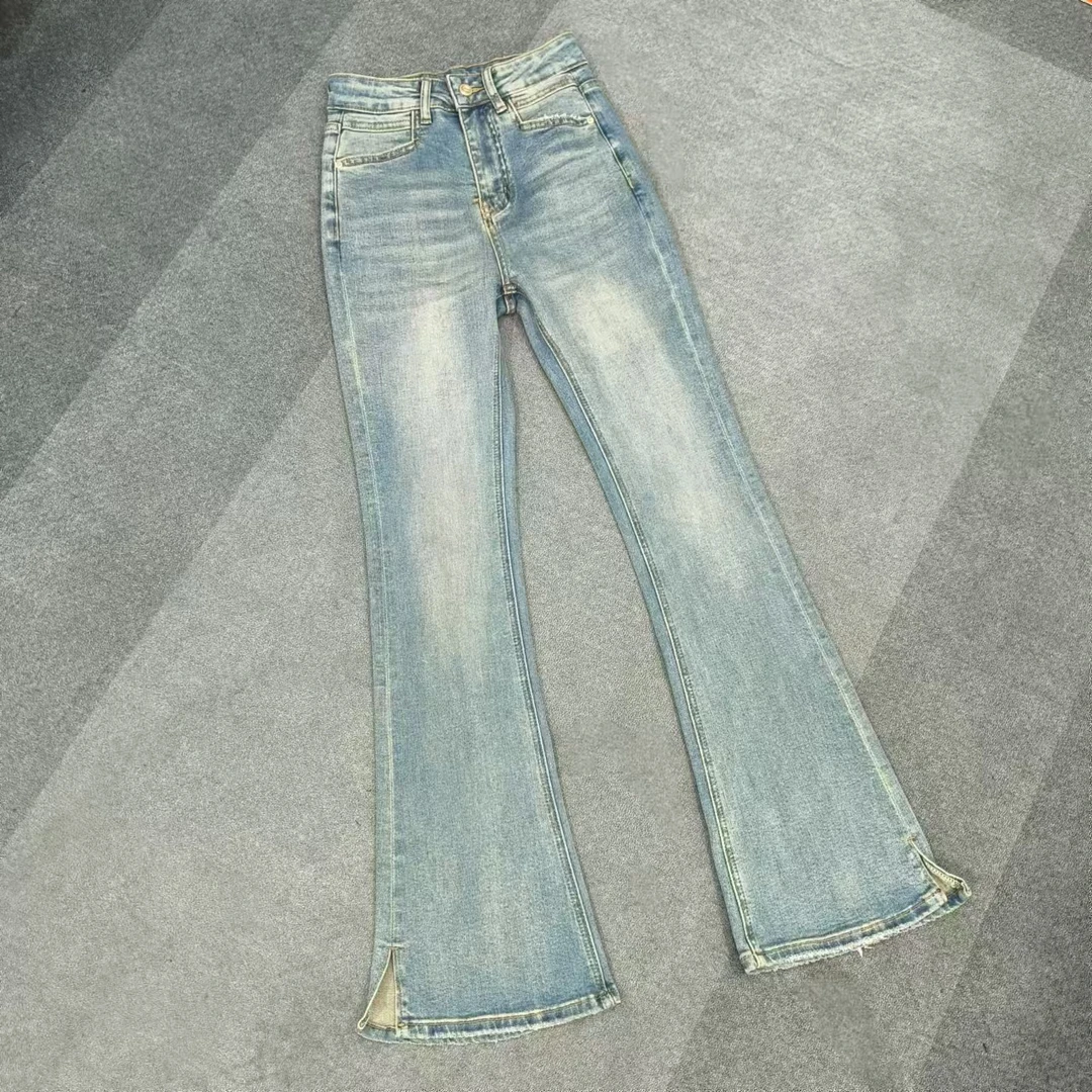 二师兄牛仔裤集合链接直筒时尚百搭女士开叉高腰修身开衩喇叭裤