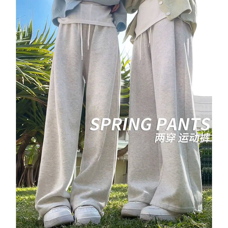 白灰色运动裤女夏季2024年新款高腰薄款直筒阔腿裤小个子休闲卫裤