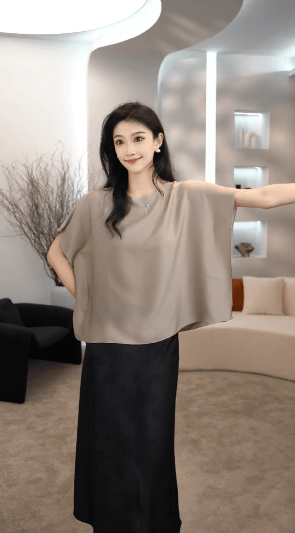 【鲤鱼定制】纯色真丝上衣女桑蚕丝蝙蝠袖百搭T恤衫  PX-1747