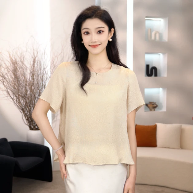 【鲤鱼定制】新中式冠乐皱真丝提花上衣女春夏优雅气质短袖 PX-88