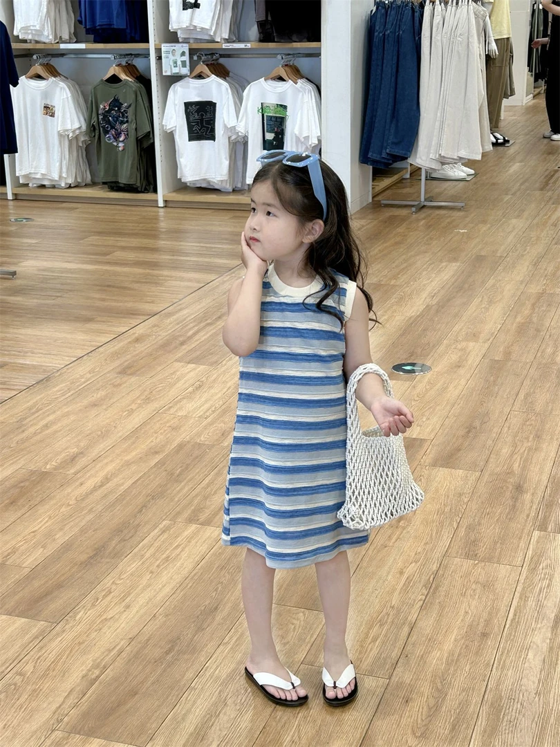 现货！韩版连衣裙2024夏季童装女童无袖条纹针织裙中小童裙子