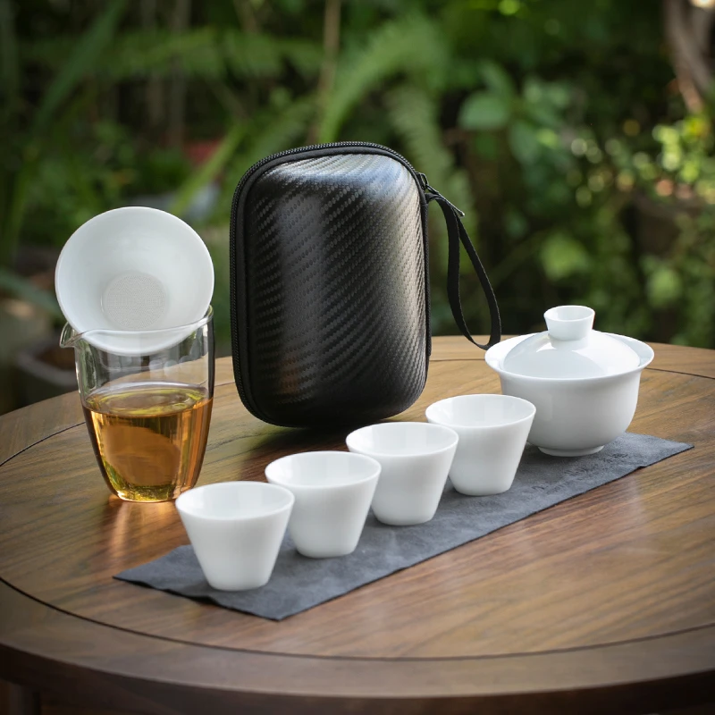 德化白瓷旅行茶具套装户外露营便携玻璃快客杯盖碗旅行套装茶具