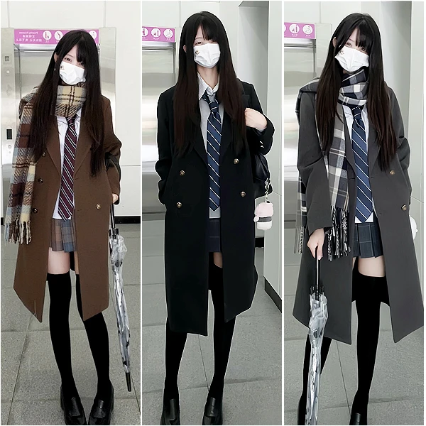 妙氏原创jk日系学院风显瘦百搭秋冬叠穿高级感长款大衣毛呢外套