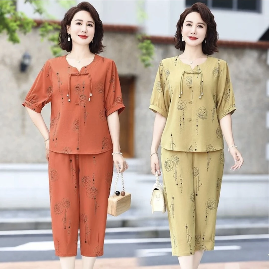 2024夏季女装妈妈装洋气中老年时尚中年夏装休闲短袖套装两件套