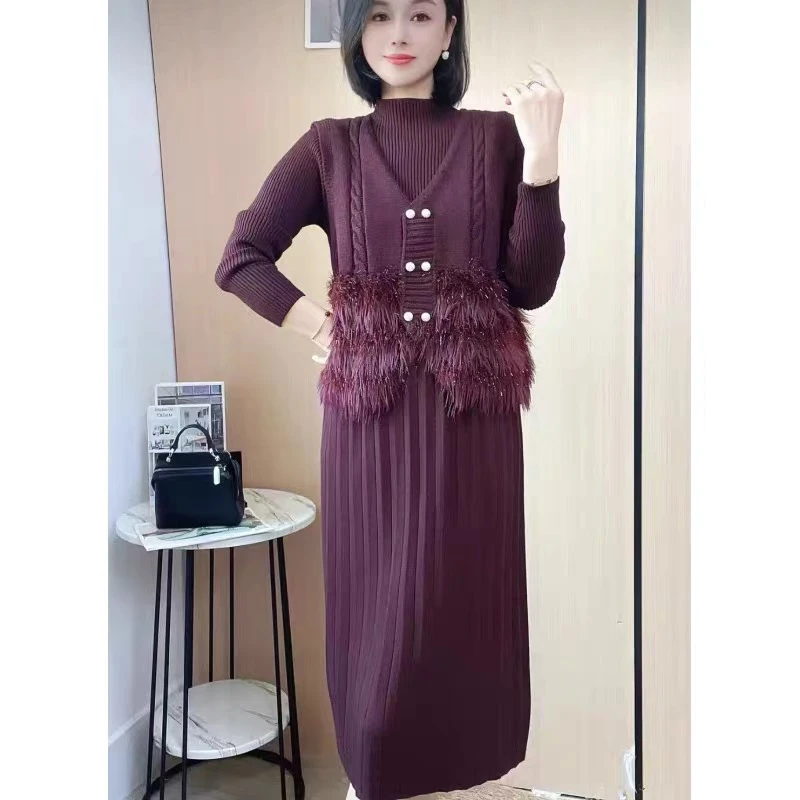 2024秋冬中年妈妈装时尚显瘦气质打底中长款百搭修身针织连衣裙