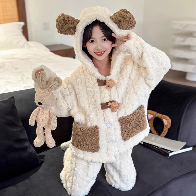 女童睡衣珊瑚绒套装2024新款儿童时尚卡通加绒学生连帽家居服冬款